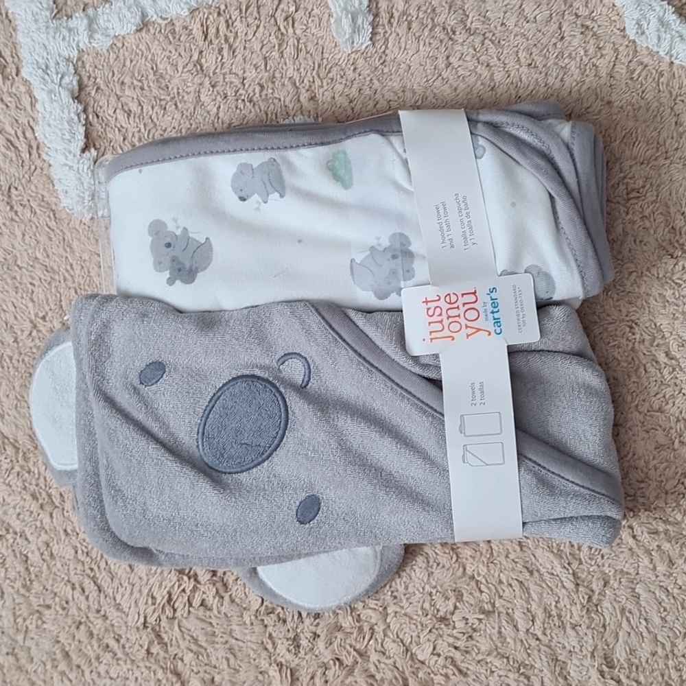 Carter's, 2 towels, 1 hooded towel and 1 bath towel, gray and white.